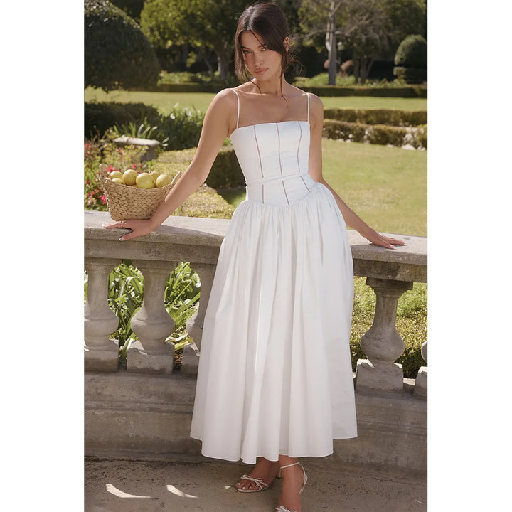 Mingmingxi Summer Elegant Dresses for Women 2024 New Arrivals White Long Party Dresses Hollow Out Flare Female Clothing