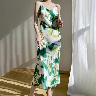 Spring/Summer Satin Dress V-neck, sleeveless, suit with a high-waisted maxi skirt