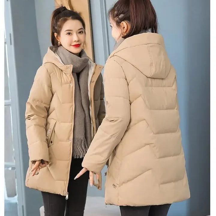 Winter Fashion Women Mid Length Down Cotton Jacket Korean Loose Thick Warm Padded Coat Female Hooded Parkas Outerwear Winter