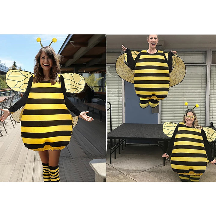 Halloween Striped Patchwork Bee Costume for Women Funny Animal Adult Costumes with Knee-high Socks and Hair Hoop Cosplay Outfit