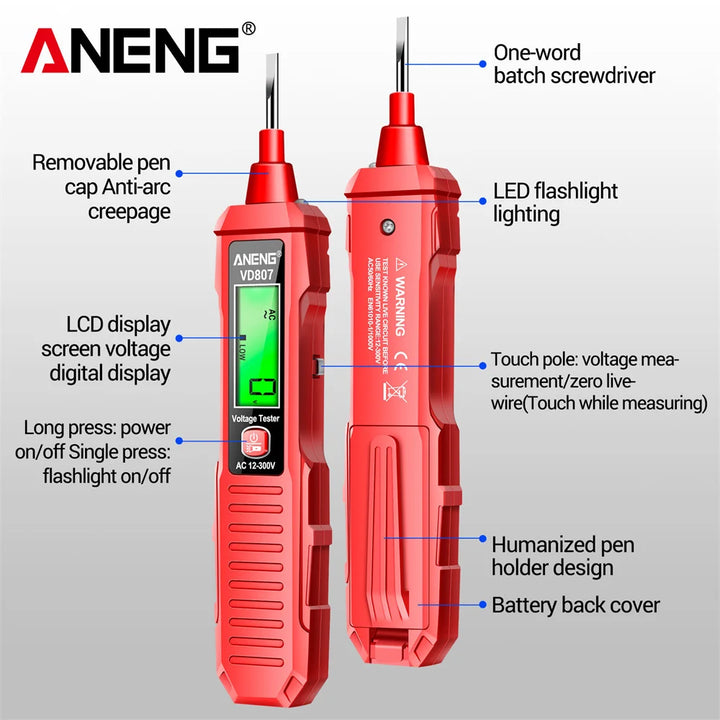 ANENG VD807 One-word Induction Portable 50/60Hz Smart Electric Pen Tester NCV Sensor AC 12-300V Non-contact Wire Detector Tools