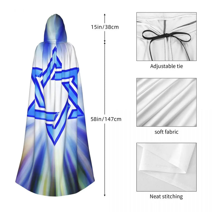 Israel Adult Cloak Cape Hooded Star Of David Blue Jewish 3D Medieval Costume Witch Wicca Vampire Elf Purim Carnival Party