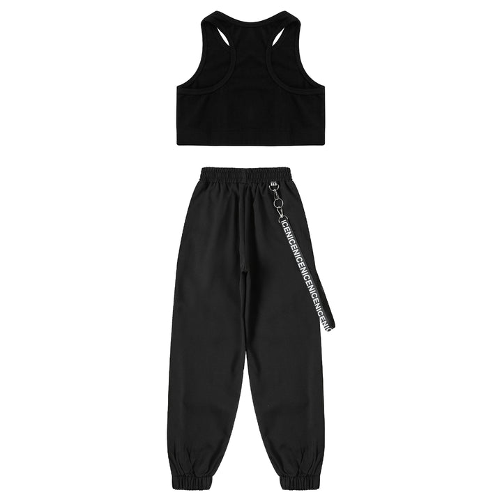 Teens Girls Fashion Outfit Street Jazz Dance Clothes Sleeveless Racer Back Crop Top with Hiphop Sweatpants Streetwear Sportswear