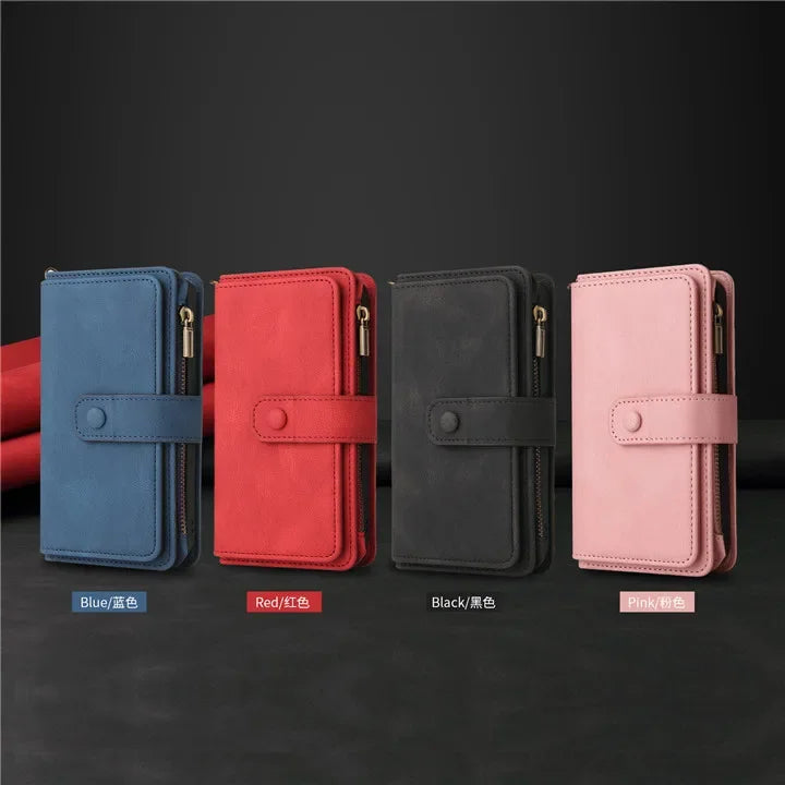 Multi 15-Card Flip Wallet Case For OPPO Realme 12 Pro Plus 11 11X 10 9 9i 8 Zipper Leather Lanyard Wrist Strap Cover Realme12