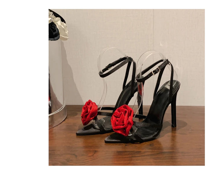 Aneikeh 2025 Fashion Denim Buckle Strap High Heels Women's Sexy Pointed Open Toe Crystal Flower Slim Heel Sandals Party Dress