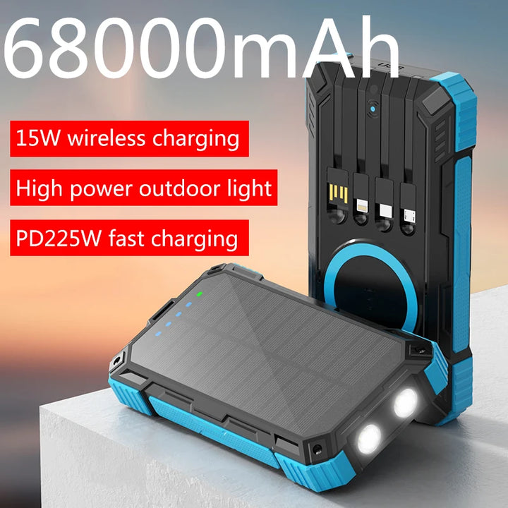 Solar panels Power bank Wireless charging solar phone charger 68000mAh with outdoor lighting Phone Charger 15W Wireless charging