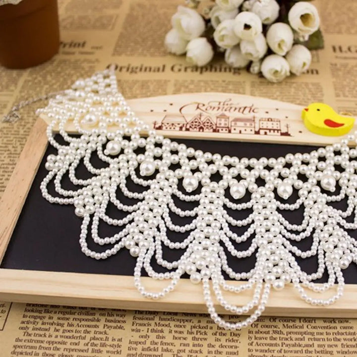 Pearl Beaded Lace Trim Collar Ribbons Women Necklace Jewelry for Clothes Wedding Dress