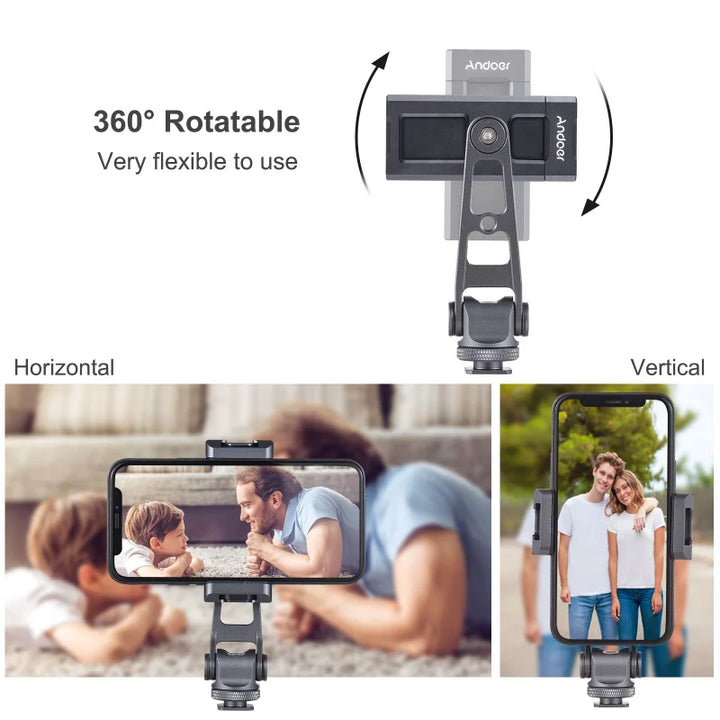 Andoer Phone Holder Clamp Phone Tripod Mount Aluminum Alloy 360° Rotatable with Dual Cold Shoe Mounts for Phone Vlog Selfie Live