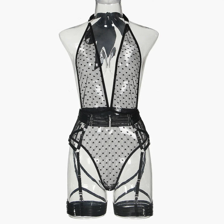 New Fashion polka dot mesh deep V strap neck onesie sexy back five-piece set porno costume sexy women open sexy costume bodysuit