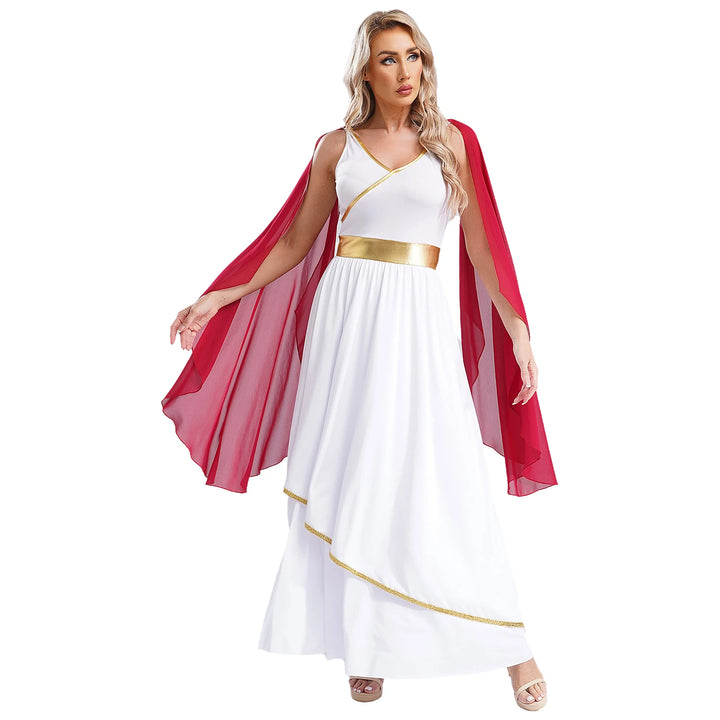 Womens Ancient Greek Toga Goddesses Costumes Party Halloween V Neck Sleeveless Gold Trims Toga Greece Roman Queen Cosplay Dress