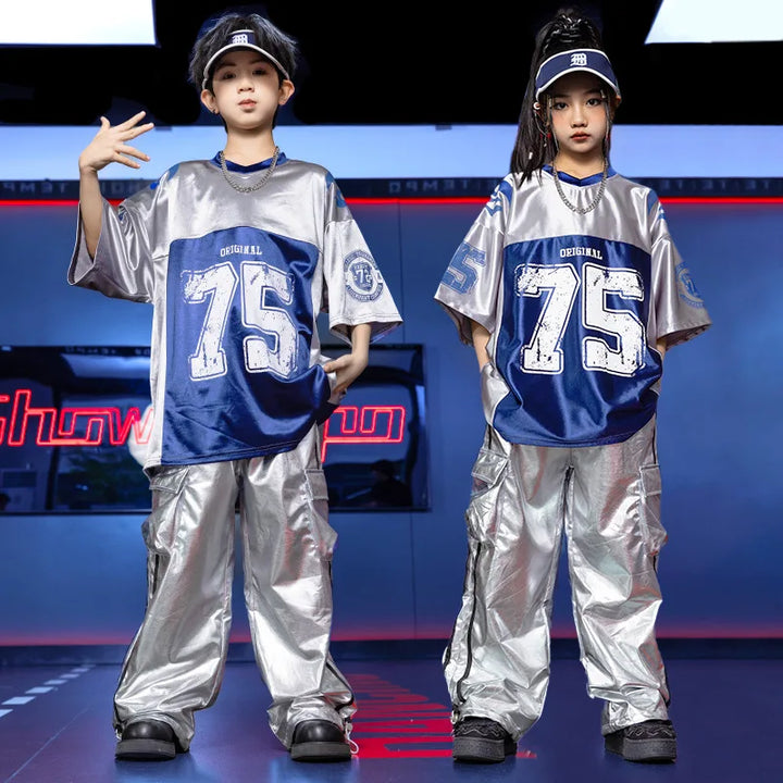 Fancy Suits For Girls Short Sleeve Gray Children'S Shirt Shiny Leather   Hip Hop Clothes Cool Style Boys' Clothing