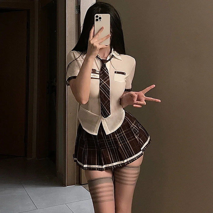 Women Sexy Lingerie Apron Maid Dress Cosplay Japanese Lolita Uniform Mini Skirt Tight Blouse Set Sex College Girl Cosplay Anime