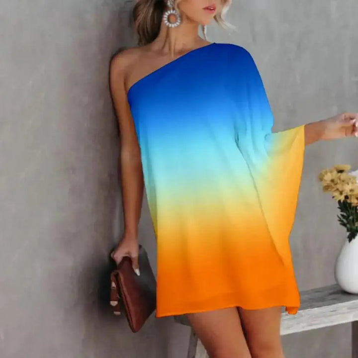 Party Dress Sexy One-Shoulder Long Sleeve Halter Loose Irregular Sundress Cover-Ups Elegant Women Gradient Color Beach Dress