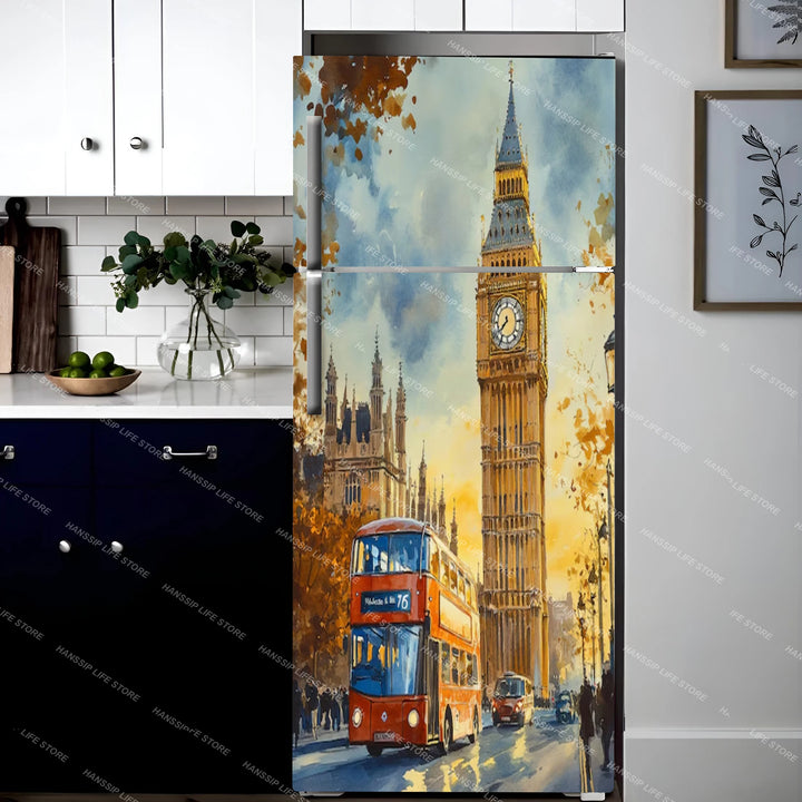 INS Red Umbrella Big Ben Fridge Door Wrap Mural Waterproof PVC Refrigerator Door Art Poster Wallpaper Removable Fridge Decal