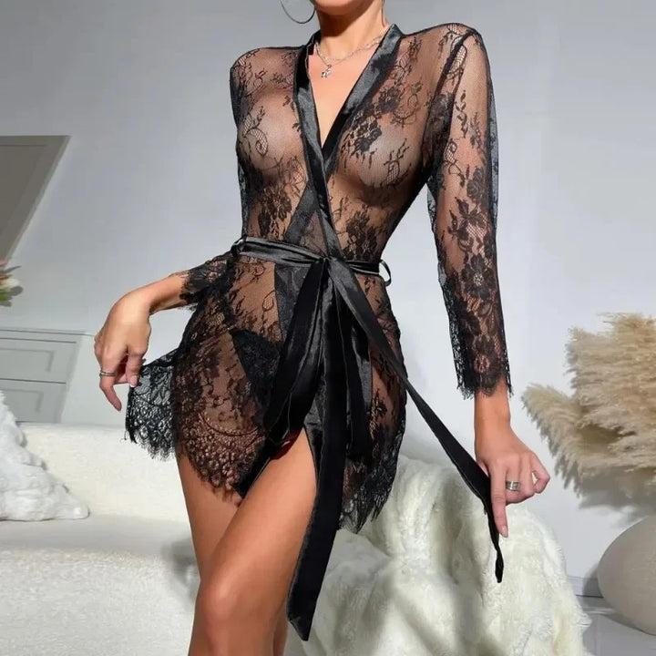 Toucheart Sexy Lingerie Sexy Nightgown For Women See-Through Lace Printing Deep V-Neck Home Ultrathin Lace Up Nightgown Set New