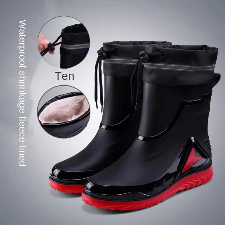 New ，Rain Boots Men's Waterproof Drawstring Rain ，Shoes Velvet Padded Suit， Warm Non-Slip Flat Fashion Take-out Rider Rain Boots