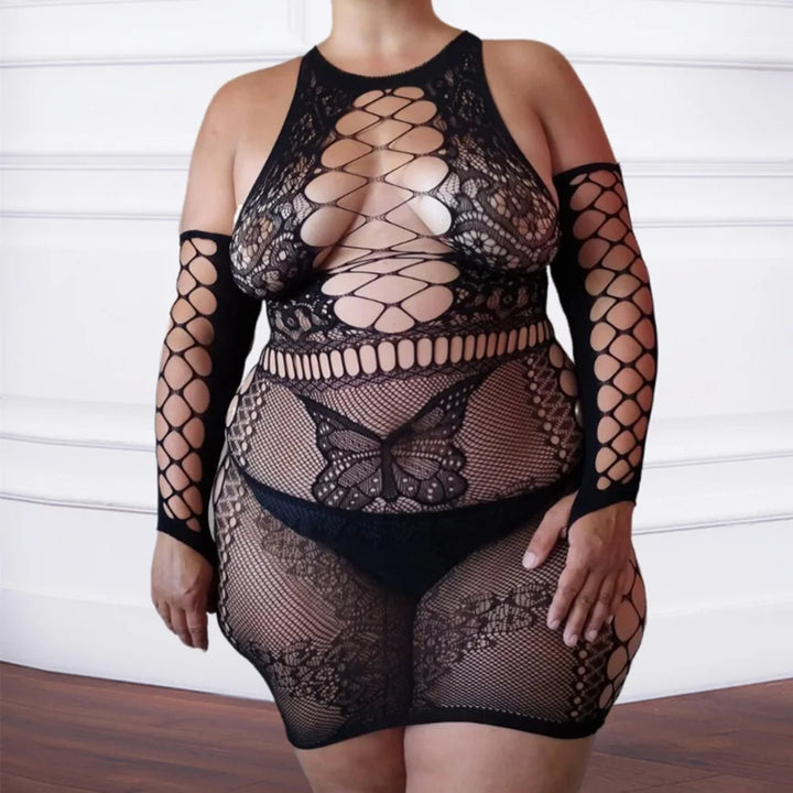 Fat Plus Size Dress Lady Lingerie Erotic Open Cup Crotchless Halter Costumes Sleeve Fishnet Backless Buttock Sexy Women Games