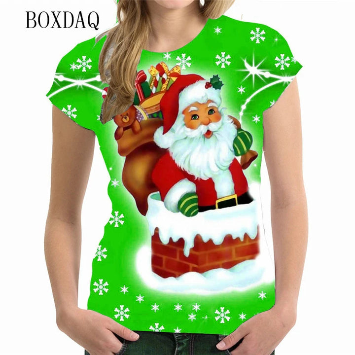 Short Sleeve Cartoon Santa Claus Women 3d T-shirts Street Hip Hop Cute Ladies Tee Christmas Style Loose Casual Tops Big Size 6XL