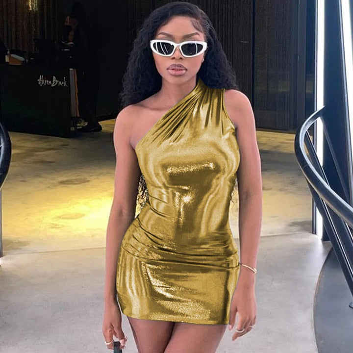 One Shoulder Metallic Mini Dress Night Club Black Bodycon Dress Sleeveless Tight Short Summer Dress Women 2023 Trendy