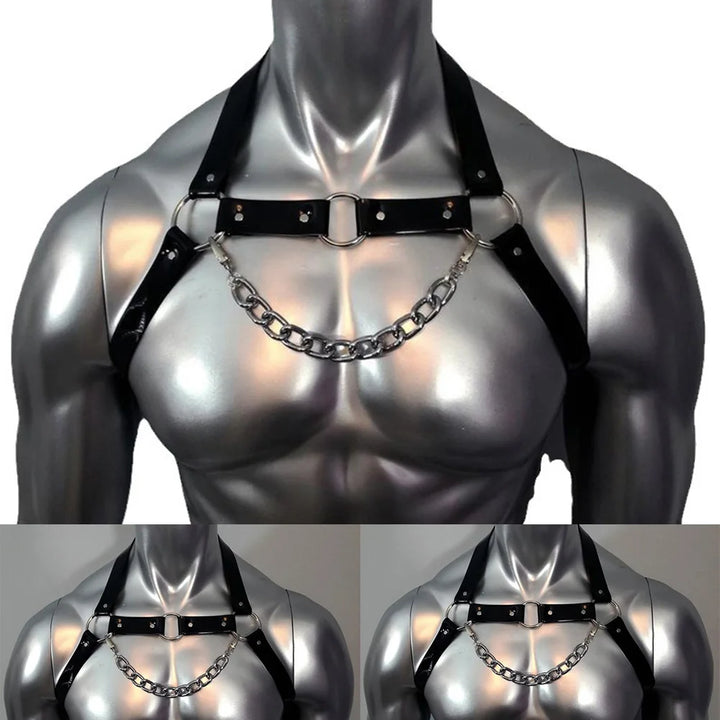 Men's Gothic Leather Chest Harness  Sexy Strappy Clubwear Costume  PU Body Straps Lingerie  Interest Buckles Detail