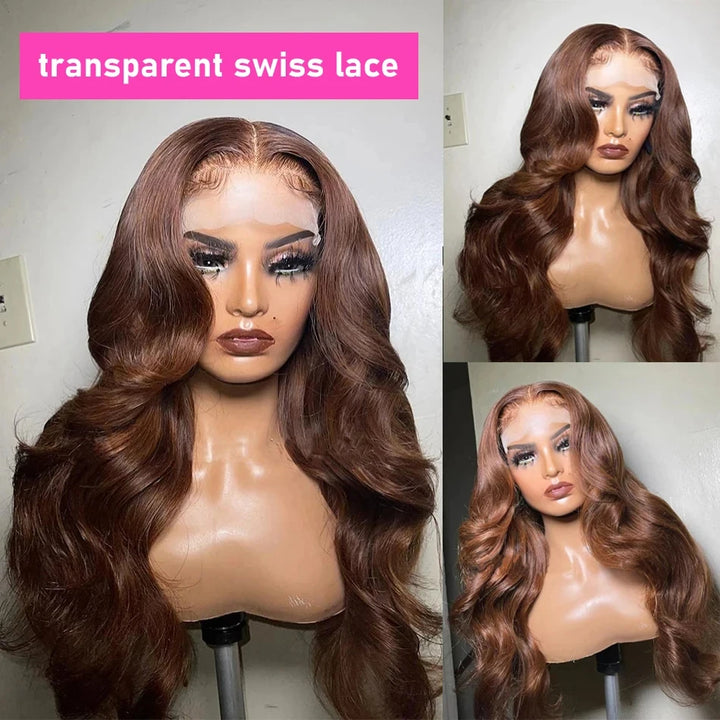 Body Wave Chocolate Brown Colored Human Hair Wigs 13X4 Transparent Lace Front Chestnut Brown Remy Hair Wigs 180% For Black Women