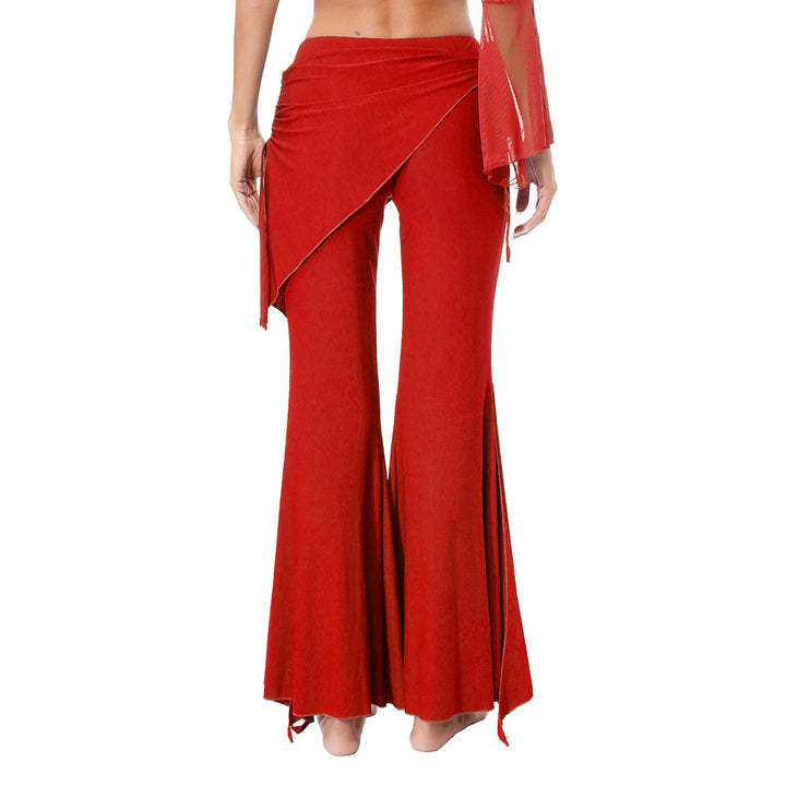 Womens Split Flared Belly Dance Pants Halloween Carnival Costume Solid Color Pants Lace-Up Skirted Pants