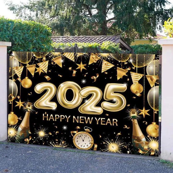 Happy New Year Banners 2025 6.88 X 4.92ft Black Gold New Years Eve Banner Happy New Year Decorations Holiday Wall Display For