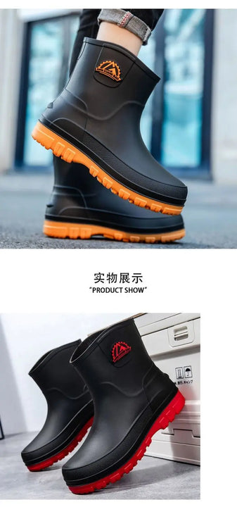 Rain Boots Mens Cropped Rain Boots Non-slip Waterproof Car Wash Work Fishing Water Shoes Thick-soled Wear-resistant Rubber Shoes