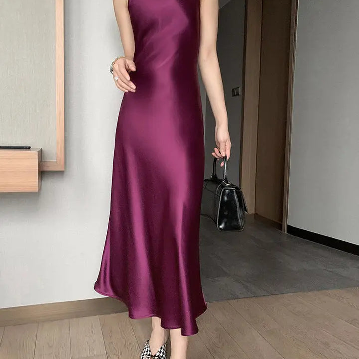 2022 Elegant Women Dress Summer Sexy V-Neck Korean Satin Party Long Spaghetti Strap Dresses Casual Sundress Vestido Mujer