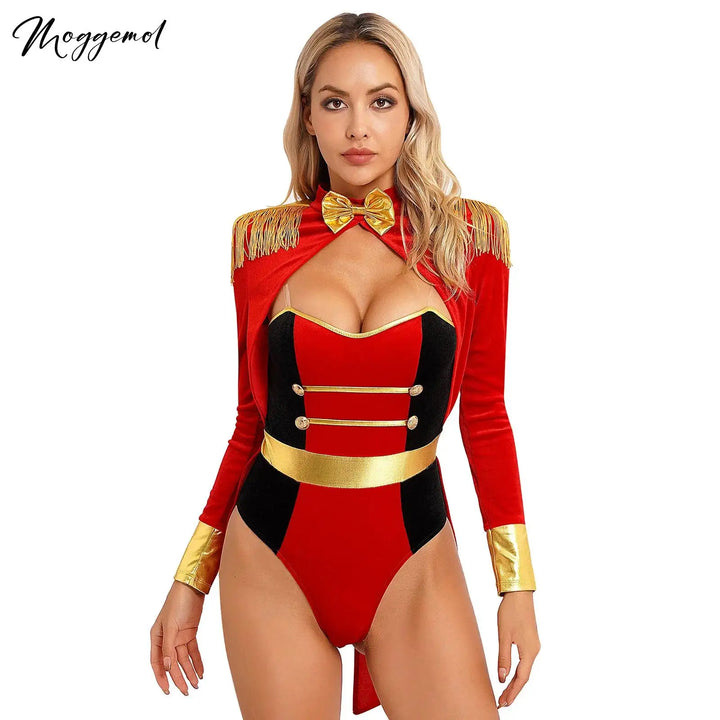 Womens Circus Ringmaster Costume Jumpsuit Halloween Carnival Party Long Sleeve Tailcoat Velvet Fringed Sexy Cosplay Bodysuit