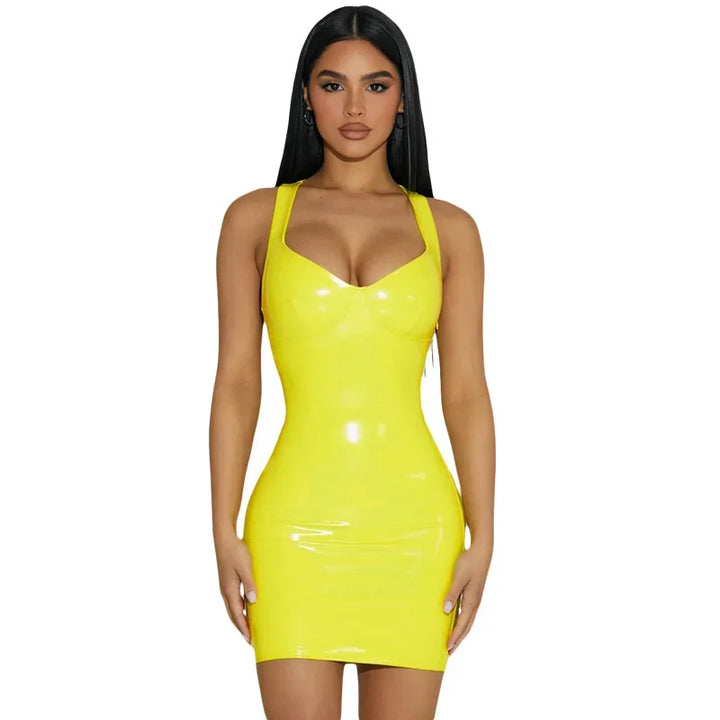 Sexy Womens Bodycon Yellow Mini Dresses Sleeveless Patent Leather Latex Tank Dresses Rave Party Night Club Costume