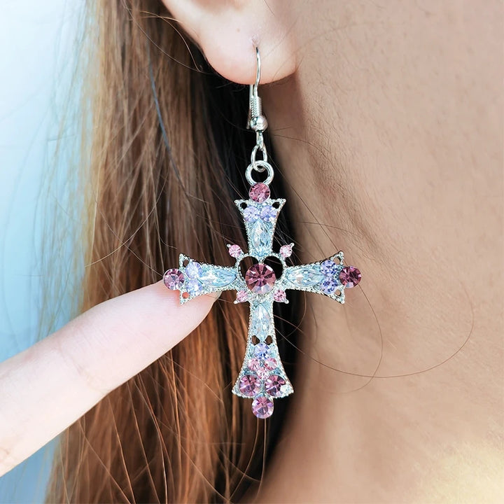 Gothic Pink Heart Cross Earrings Y2K Kpop Purple Zircon Cross Drop Earring for Women Grunge Egirl Earrings Jewelry Accessories