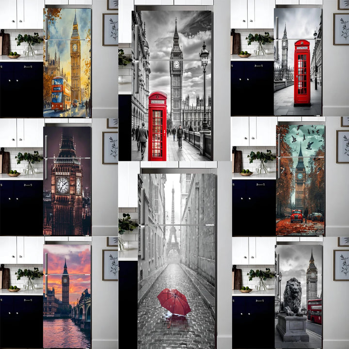 INS Red Umbrella Big Ben Fridge Door Wrap Mural Waterproof PVC Refrigerator Door Art Poster Wallpaper Removable Fridge Decal