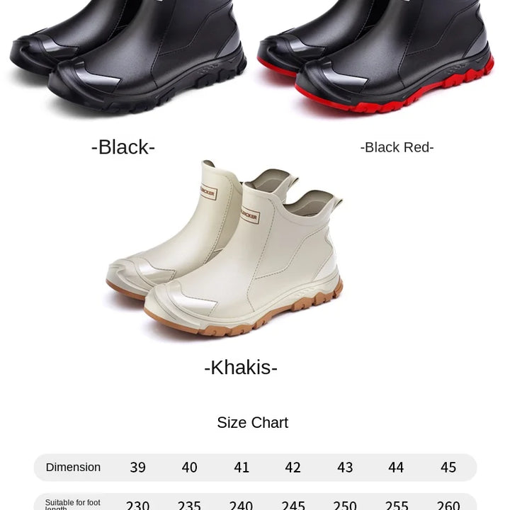 Fashion contrast color black red sole short rain boots men's outerwear versatile non-slip wading khaki rubber shoes