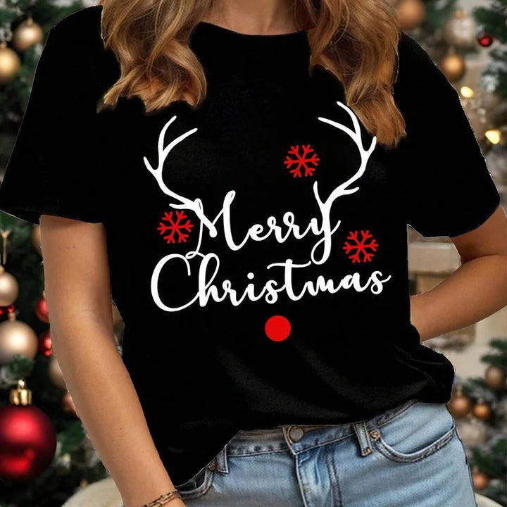 Casual Christmas Santa Claus T-Shirt for Women Loose Round Neck Short Sleeve Female T-shirt Tops Suitable for All Season