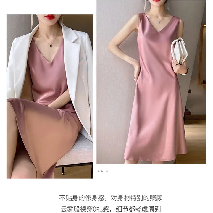 Spring/Summer Satin Dress V-neck, sleeveless, suit with a high-waisted maxi skirt