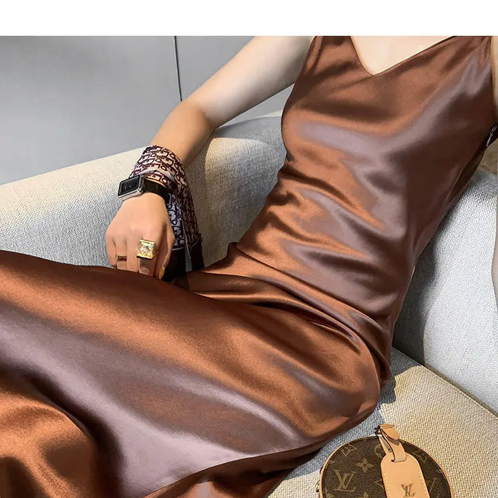 2022 Elegant Women Dress Summer Sexy V-Neck Korean Satin Party Long Spaghetti Strap Dresses Casual Sundress Vestido Mujer