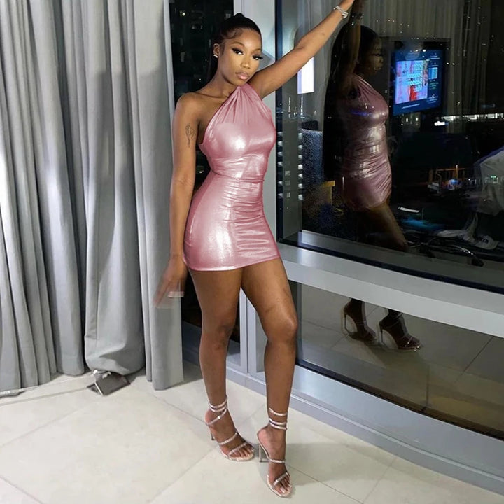 One Shoulder Metallic Mini Dress Night Club Black Bodycon Dress Sleeveless Tight Short Summer Dress Women 2023 Trendy