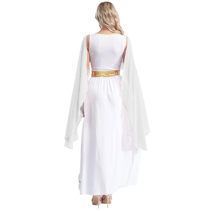 Womens Ancient Greek Toga Goddesses Costumes Party Halloween V Neck Sleeveless Gold Trims Toga Greece Roman Queen Cosplay Dress