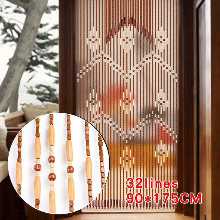 32Lines Porch Partition Curtain, Bamboo Bead Curtain For Doorway, String Door Curtains Beaded, Wooden Curtain