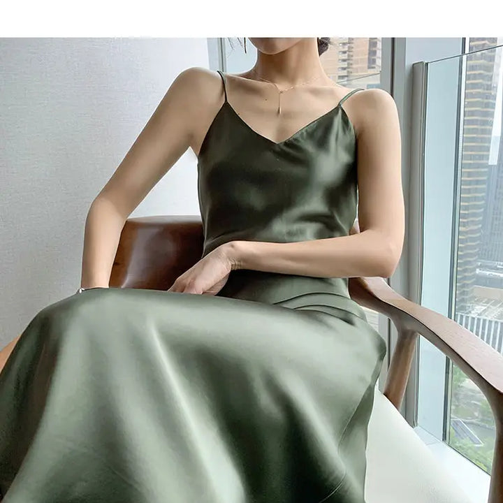 2022 Elegant Women Dress Summer Sexy V-Neck Korean Satin Party Long Spaghetti Strap Dresses Casual Sundress Vestido Mujer