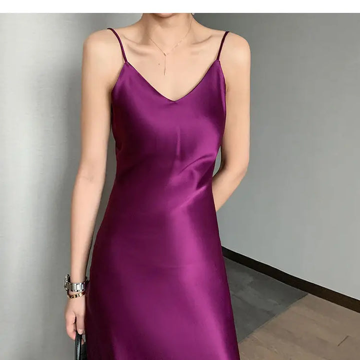 2022 Elegant Women Dress Summer Sexy V-Neck Korean Satin Party Long Spaghetti Strap Dresses Casual Sundress Vestido Mujer