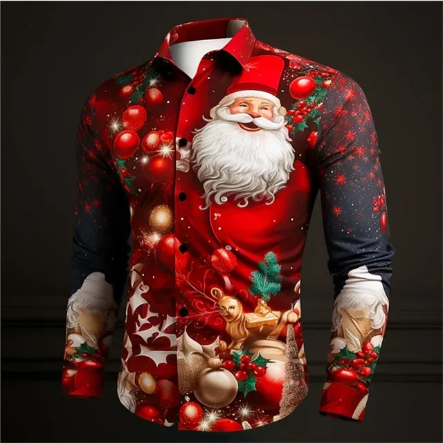 2024 Christmas shirt New Year party HD pattern soft elastic comfortable Santa suit men's large size new hot sale