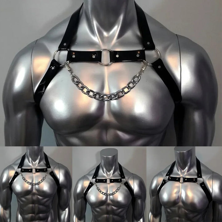 Men's Gothic Leather Chest Harness  Sexy Strappy Clubwear Costume  PU Body Straps Lingerie  Interest Buckles Detail