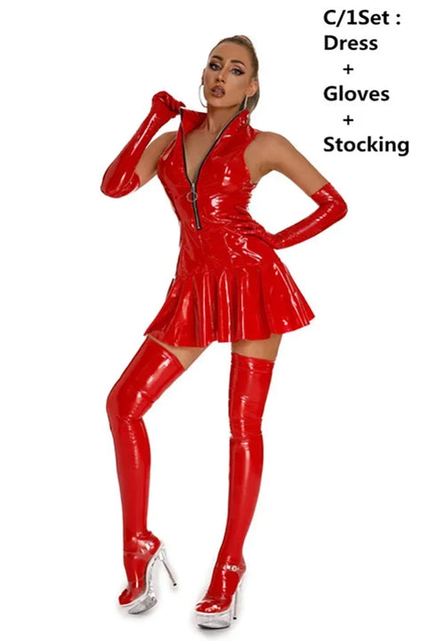 Women's Leather Dress Plus Size Women Sexy Shiny PVC Latex Mini Skirt With Gloves And Stocking Pole Dance Pleated Latex Dress