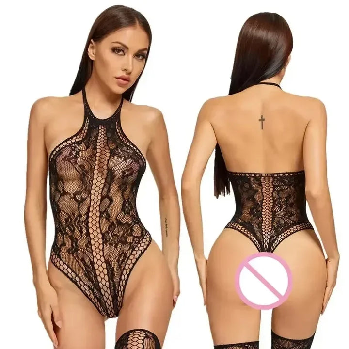 Bodysuit Women Transparent Bodysuits Sexy Lingerie Sleepwear Mesh Floral See-through Catsuit Black Erotic Sexy Costume