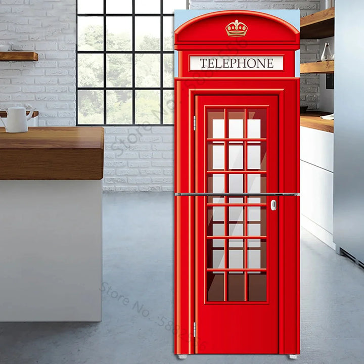 3D Container Telephone Booth Kitchen Fridge Decorative Stickers PVC Waterproof Full Refrigerator Door Wrap Full Cover Wall Decal