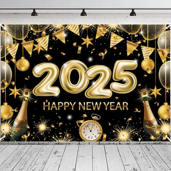 Happy New Year Banner 2025 6.88 X 4.92ft Black Gold New Years Eve Banner Happy New Year Decorations Holiday Wall Display For New