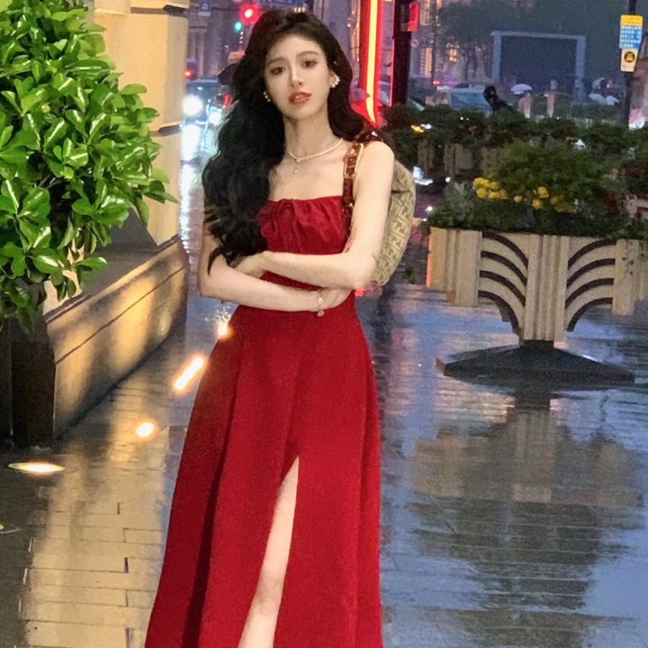 French Elegant White Strap Midi Dress 2023 Summer New Casual Evening Party Dress Women Beach Sleeveless Lace-up Red Dress Korean