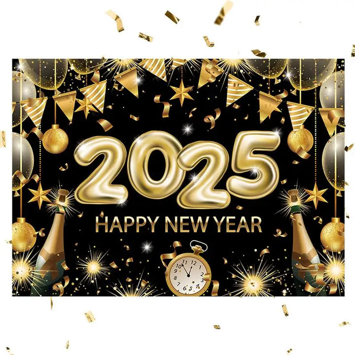 Happy New Year Banner 2025 6.88 X 4.92ft Black Gold New Years Eve Banner Happy New Year Decorations Holiday Wall Display For New